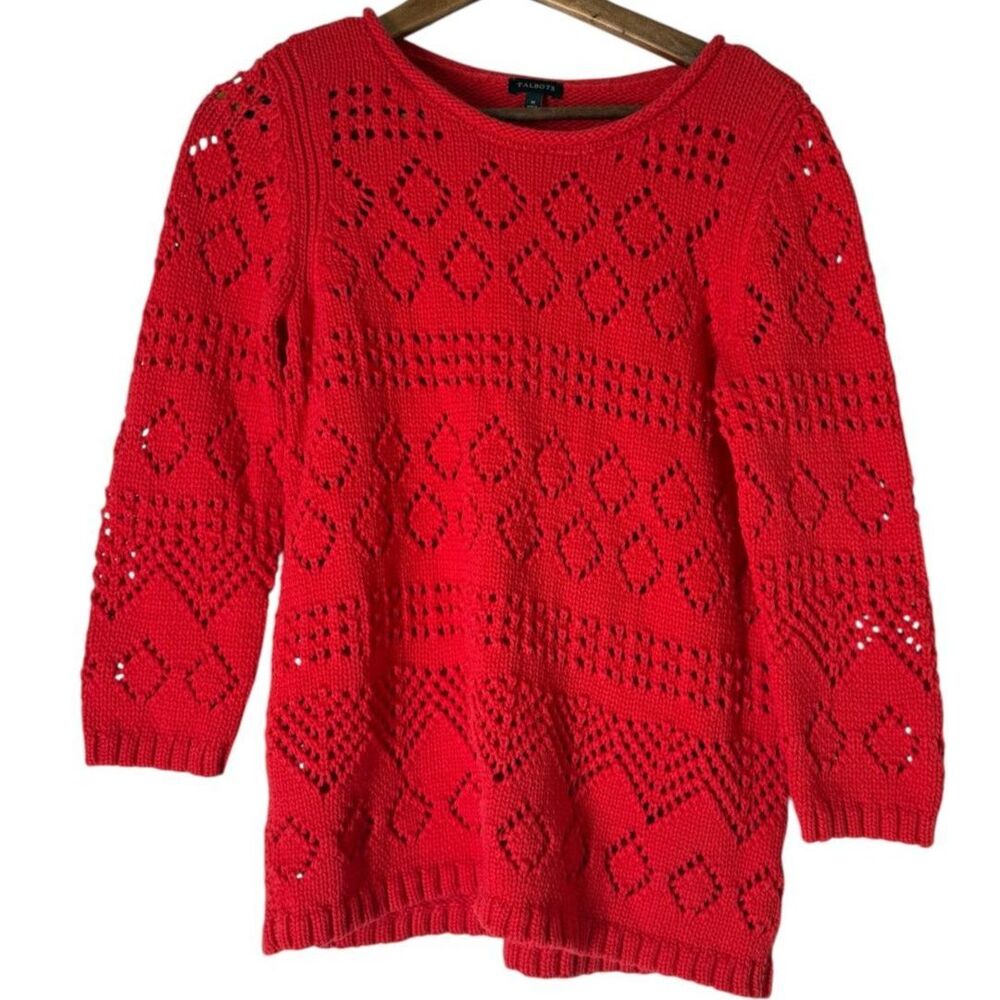 Talbots Womens Open Knit Red Sweater Sz M Holiday Christmas Boho Crew Neck
